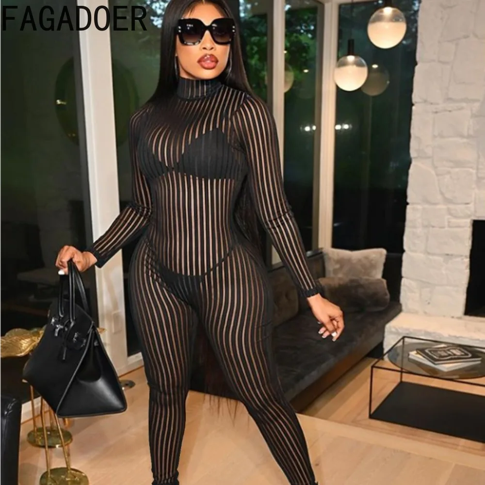 

FAGADOER Black Sexy Mesh Perspective Stripe Printing Bodycon Jumpsuits Women Round Neck Long Sleeve Slim Playsuit Female Overall