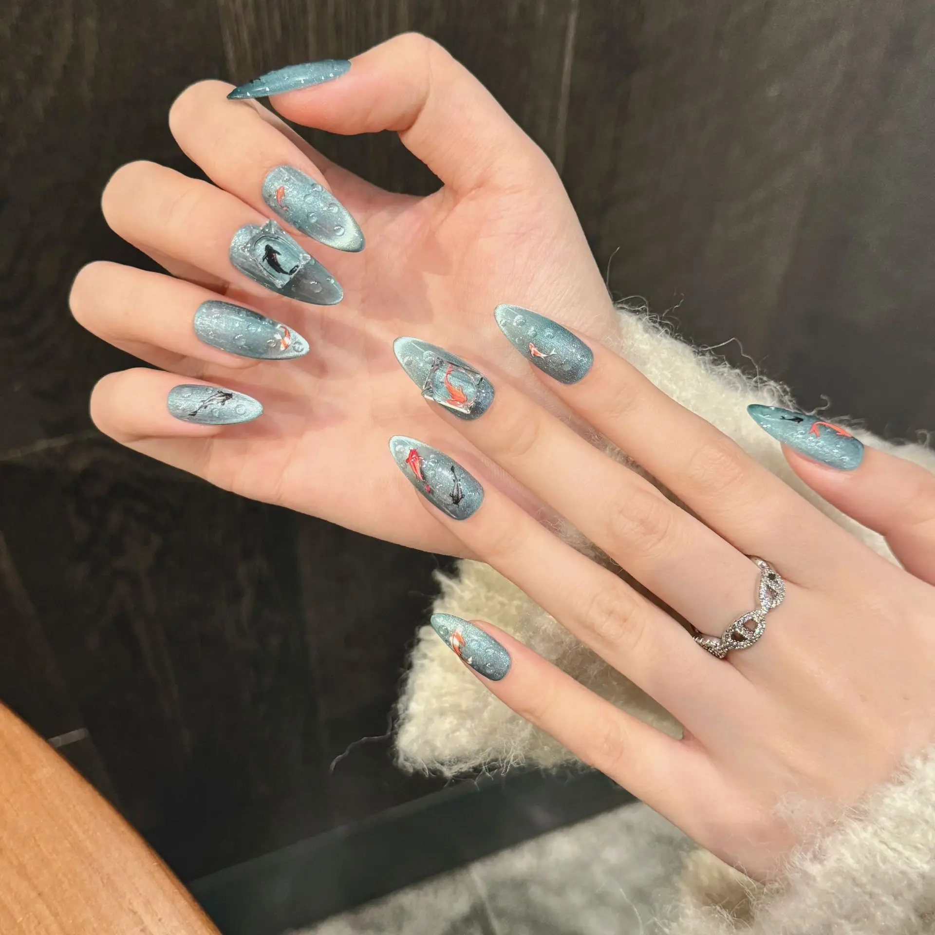 Handmade Press on nails Good Luck Fish Chinese Style False Nails Full Cover Wearable Ins Almond Blue Cat Eye Fake Nail Tips