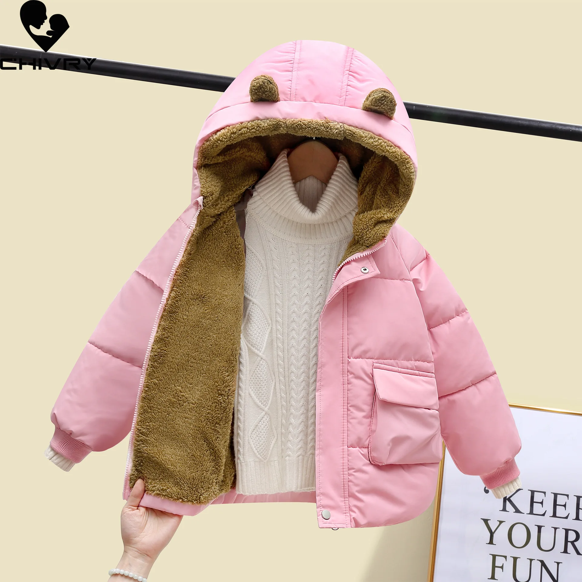 

New 2025 Baby Boys Girls Hooded Zipper Solid Plush Down Jackets Children's Winter Cotton-padded Thicken Warm Coat Outerwear