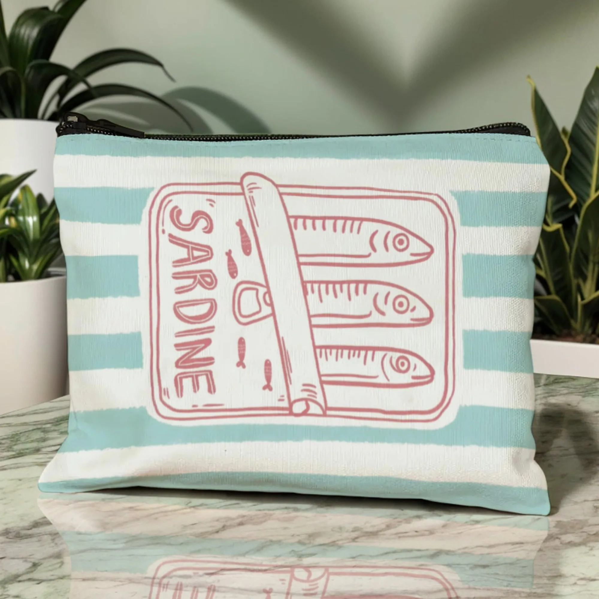 ユニセックス大人用化粧ポーチ、ブルーのポータブルメイクアップバッグ、トレンディなイワシプリントのジッパー付き洗面用具ケース、旅行用アクセサリー