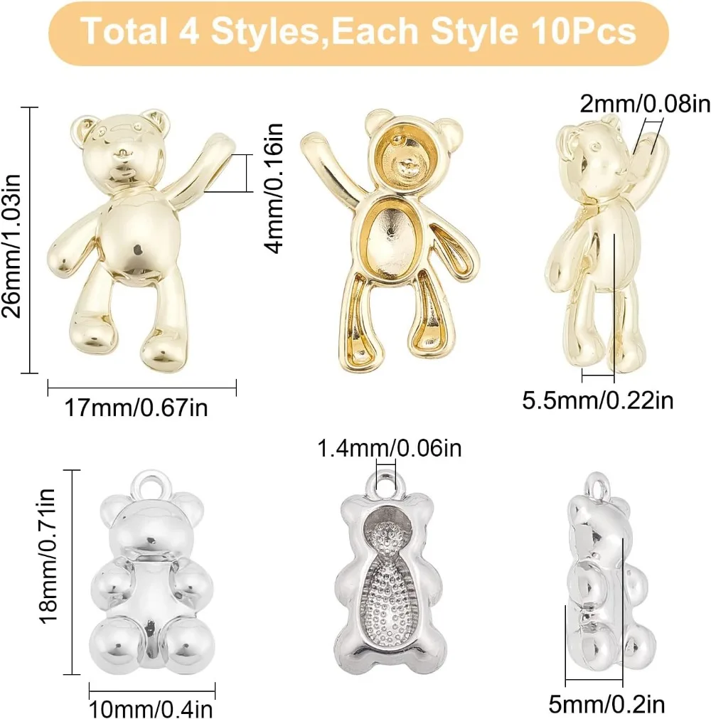 40Pcs 4 Style Bear Charms Teddy Bear Charm Kawaii Lucky Animal Charm Bears Charm for Jewellery Making Charms Bracelet making kit