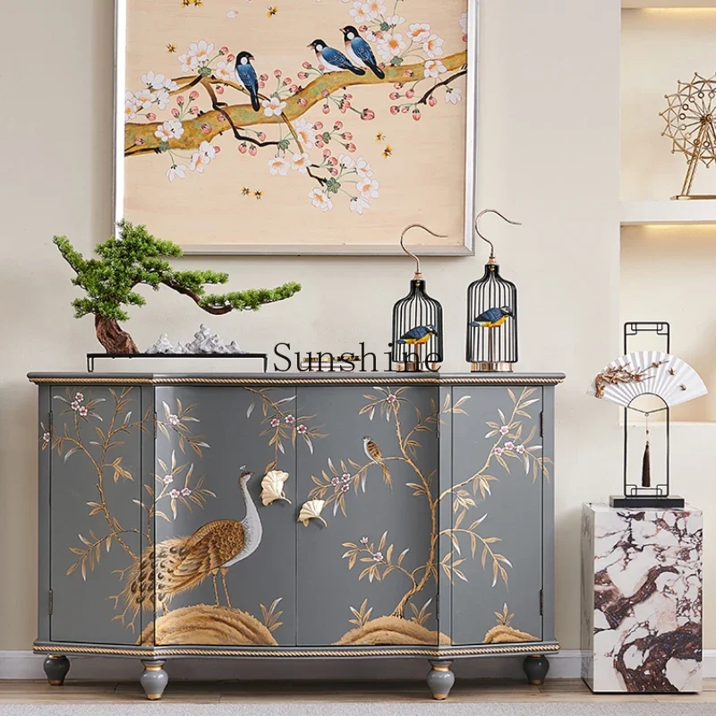 

Glacier gray French modern new Chinese painted peacock entry entrance entrance foyer dining side cabinet