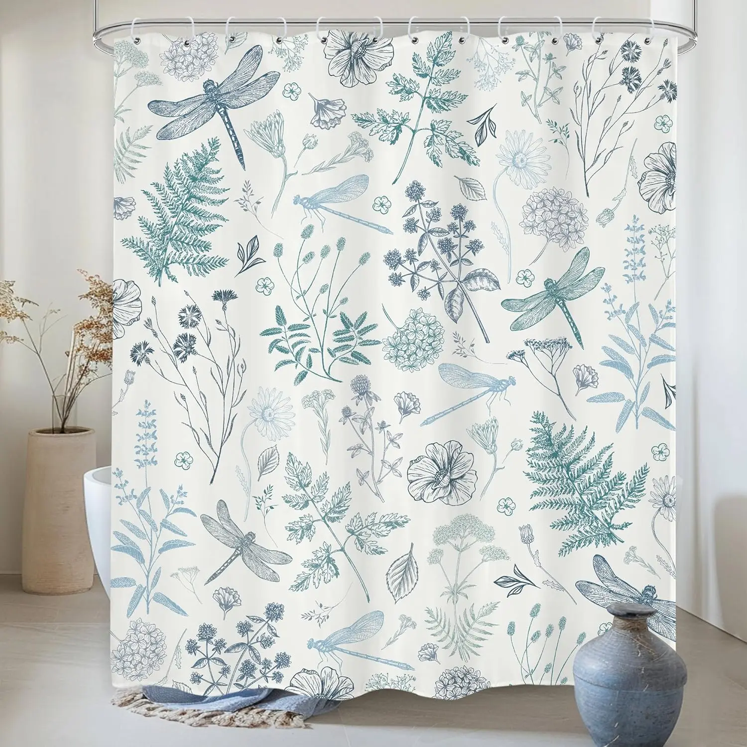 

Boho Vintage Navy and White Flowers Bathroom Curtains,Decorative Farmhouse Shower Curtain Set,Chinoiserie Aesthetic Bathroom