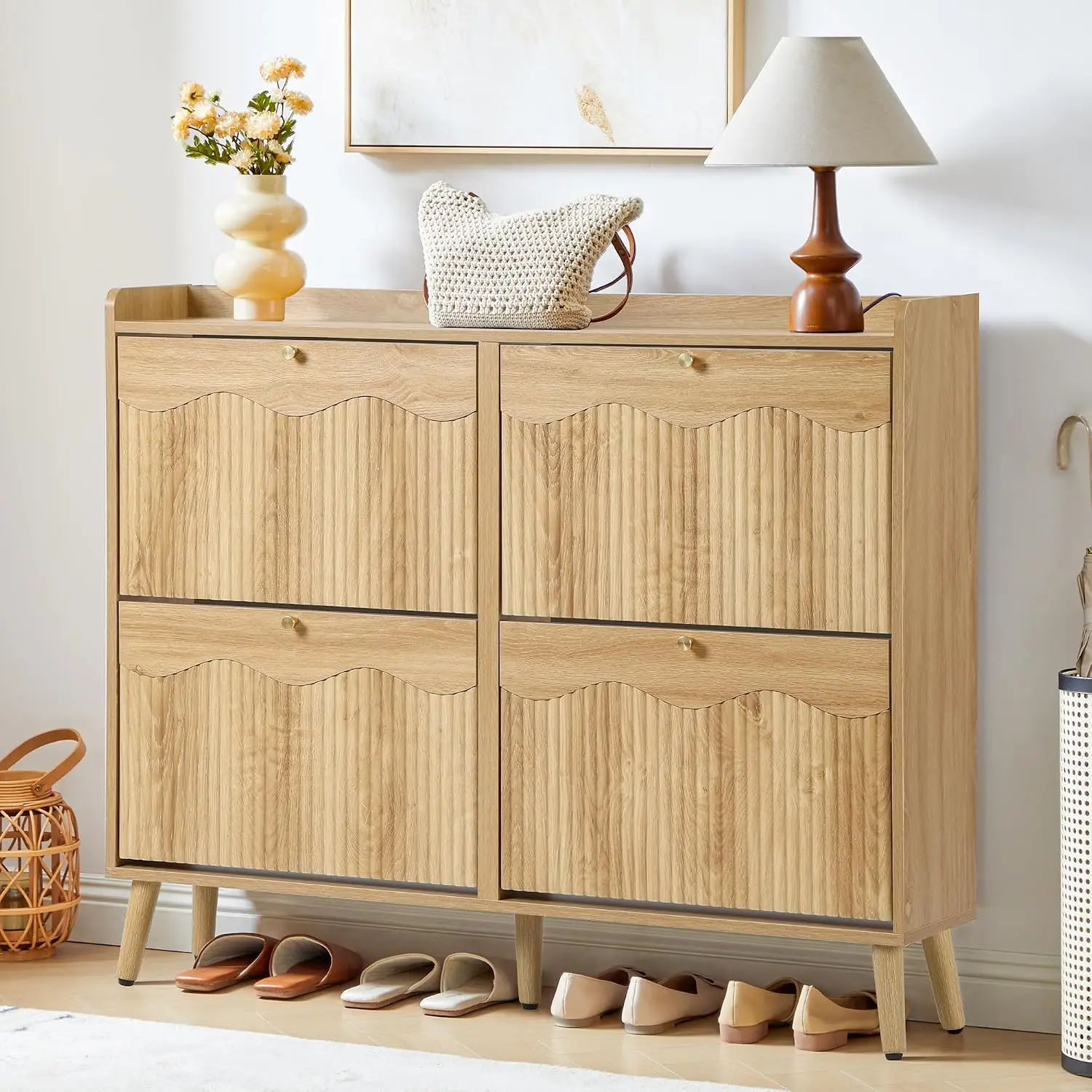 Natural Wood Shoe Storage Cabinet with 4 Flip Drawers, Entryway Organizer 47.2