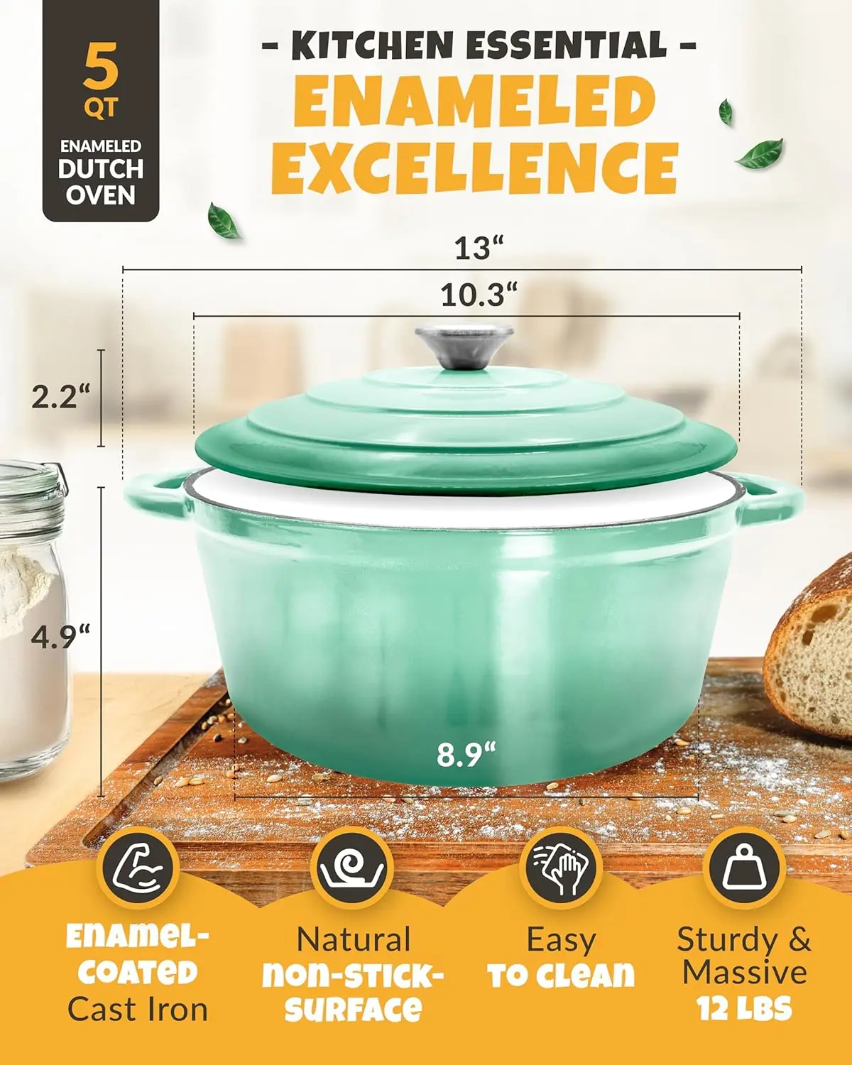 فرن هولندي لخبز الخبز - بما في ذلك. مستلزمات خبز العجين المخمر مثل سلة مقاومة الخبز Banneton - حديد الزهر المطلي بالمينا 5QT