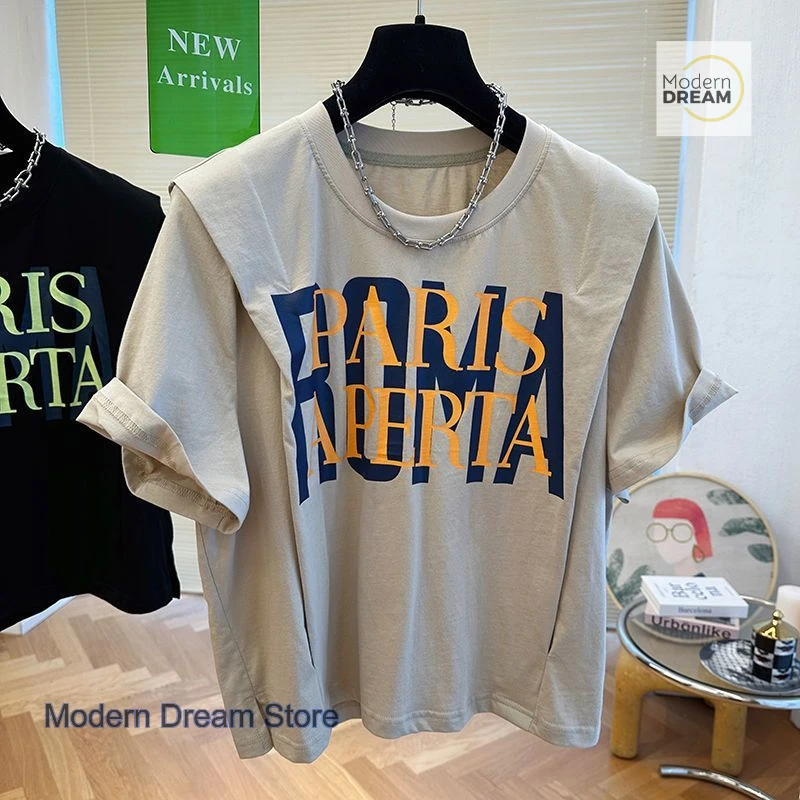 

French minority design letter printing short-sleeved T-shirt women's summer new irregular fashion wild flying sleeve top.