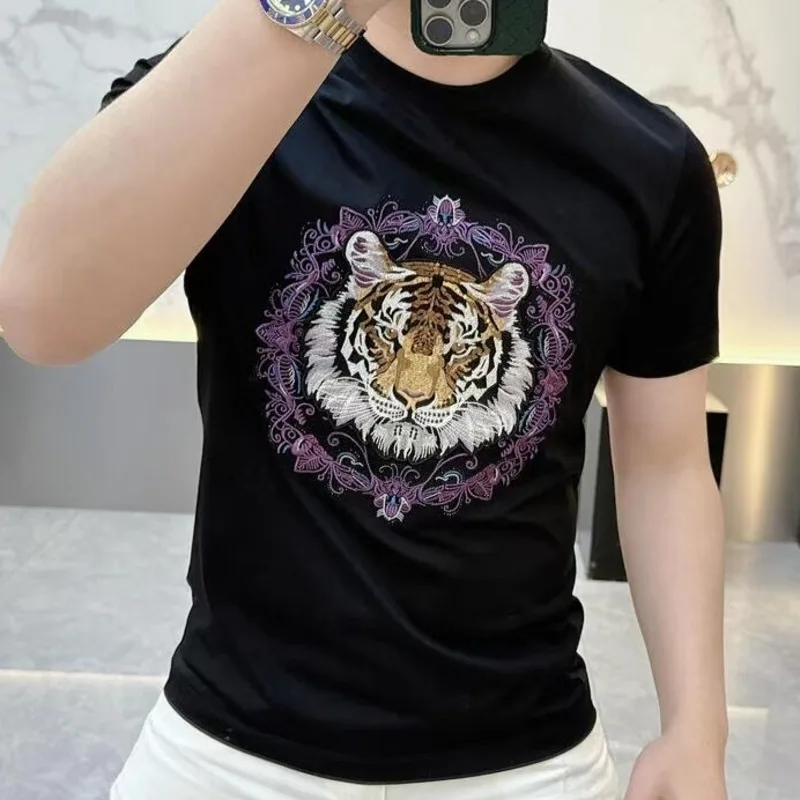 2025 Summer Short Sleeve Fashion Tiger Head Print Tshirt For Men Casual Camisetas Hombre Social Club Outfits Tee Shirt Homme