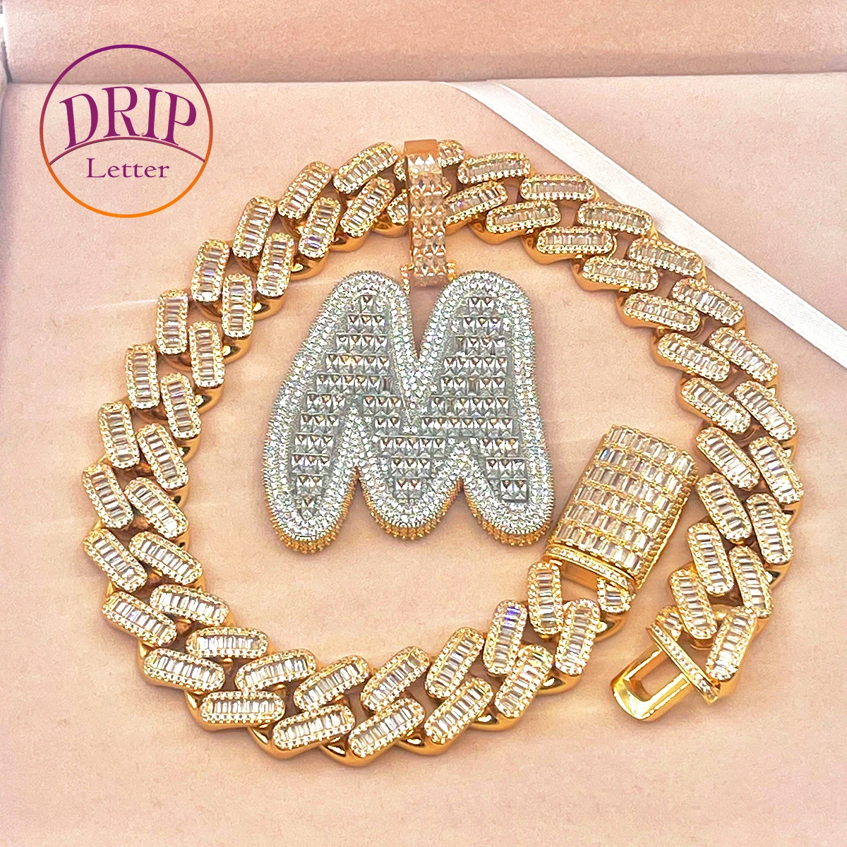 

Drip Letter Baguette Initial Cursive Jewelry Iced Out Pendant Prong Setting Made By Hand Customized Name Necklace for Women