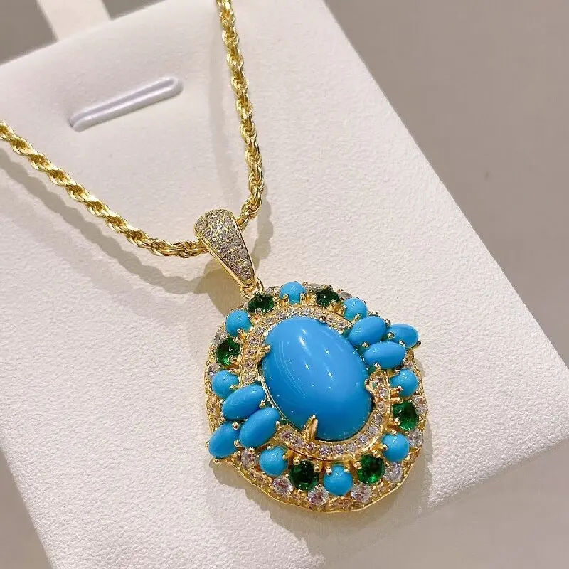 

ARIGAYA Turquoise High Carbon Diamond Gemstone Vintage Necklaces Pendant 925 Sterling Silver Fine Jewelry