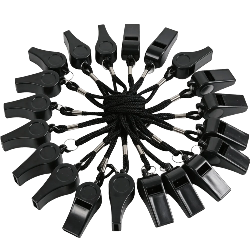 20pcs Plastic Material Plastic Whistle Lanyard Strap Crisp Sound Referee Whistle Portable Size Black Color Lanyard Whistle