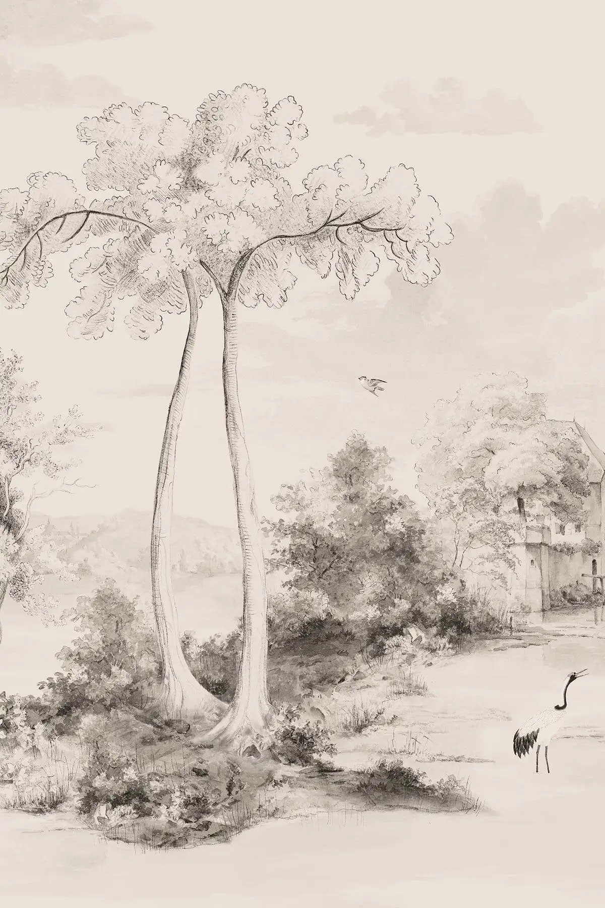 Op maat gemaakte muurschildering met handgeschilderde bomen, jungle, kraanvogels, behang, huisdecoratie, woonkamer, slaapkamerdecoratie, 3D-muurschilderingen.
