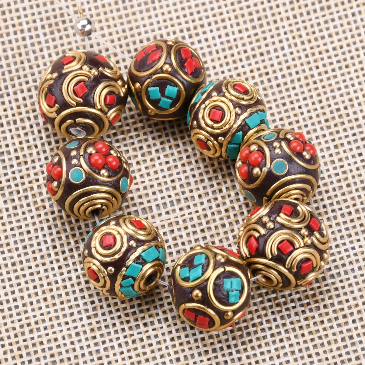 1pcs Nepalese Buddhist Handmade Round 15mm-16mm Tibetan Brass Metal & Clay Loose Craft Beads for Jewelry Making DIY Necklace