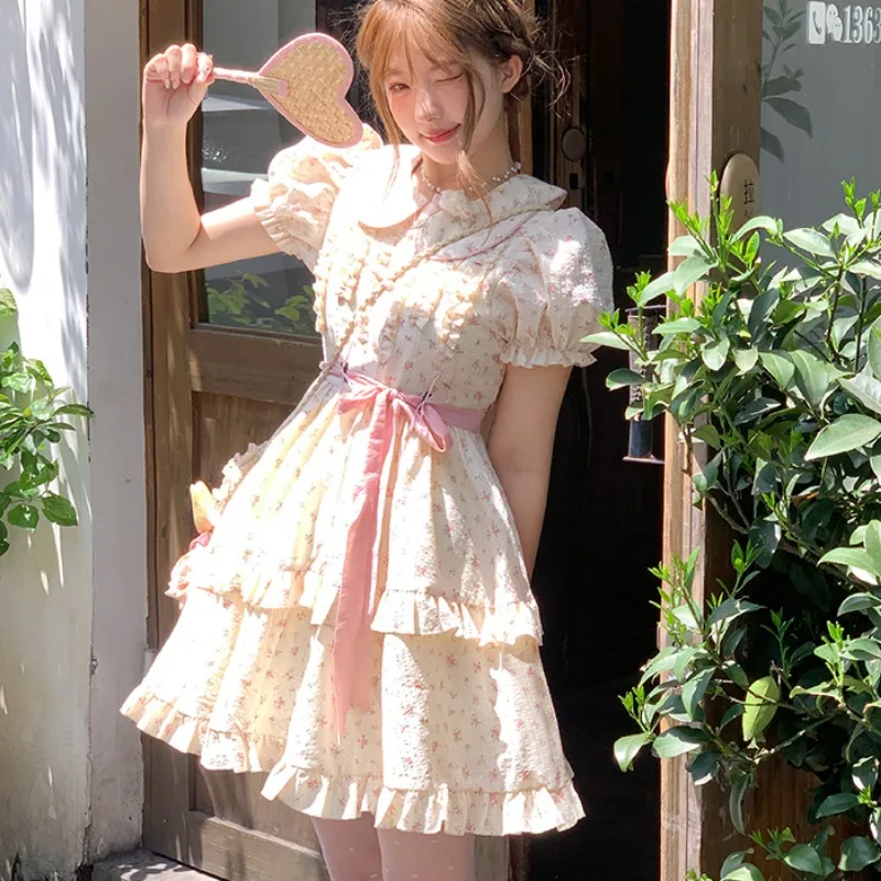 Sweet Dresses for Women Peter Pan Collar Summer Mini Printed Cute Girls Clothing Fashion Puff Sleeve Lace-up Ins College A-line