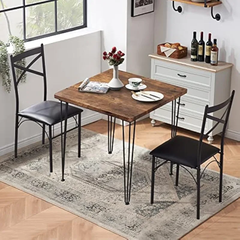 3-Piece Dining Kitchen Table and PU Cushion Chair Set for Small Spaces, Double Seating, Brown