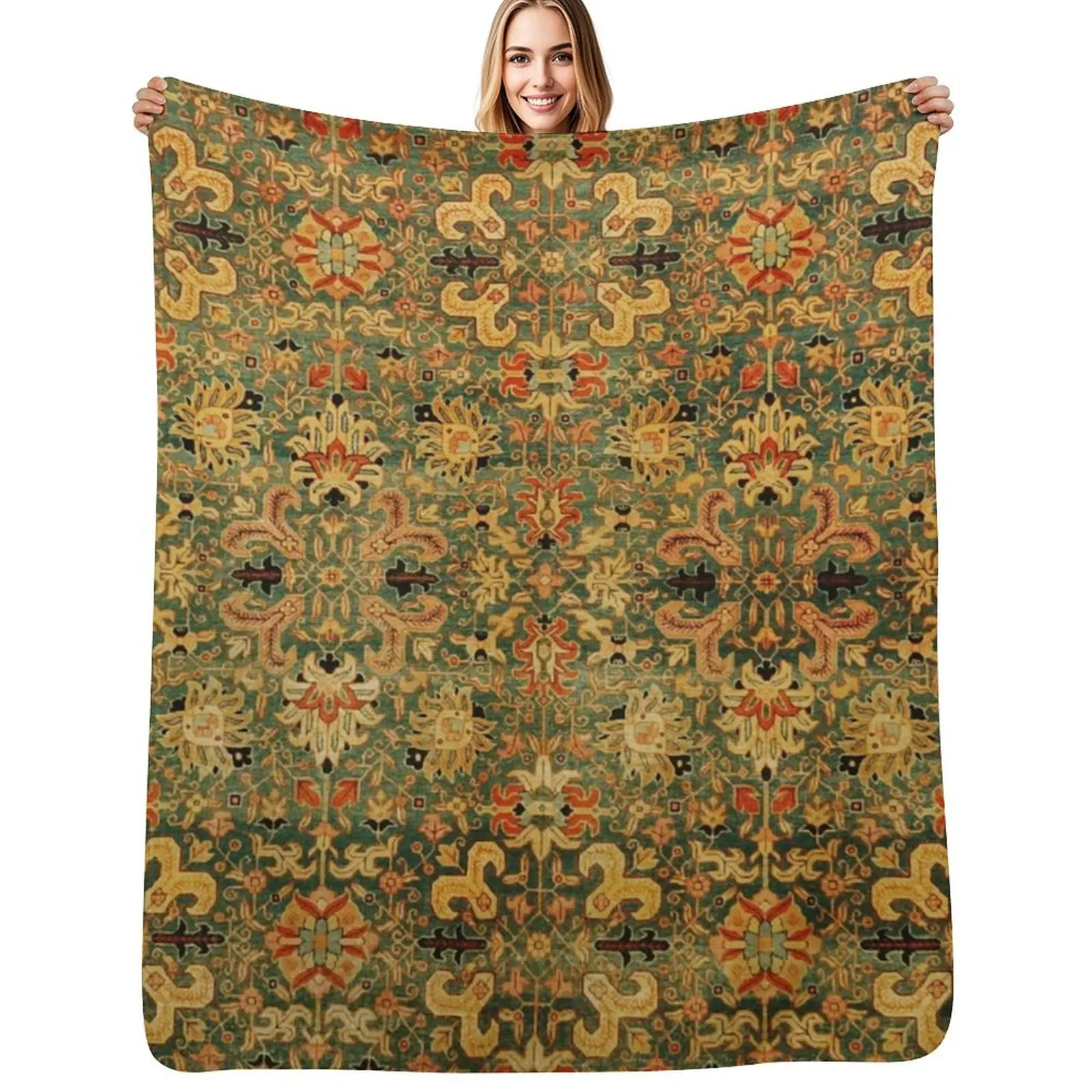 

Tabriz Green Orange Rug Print Throw Blanket Winter beds Vintage blankets and throws Beautifuls Blankets
