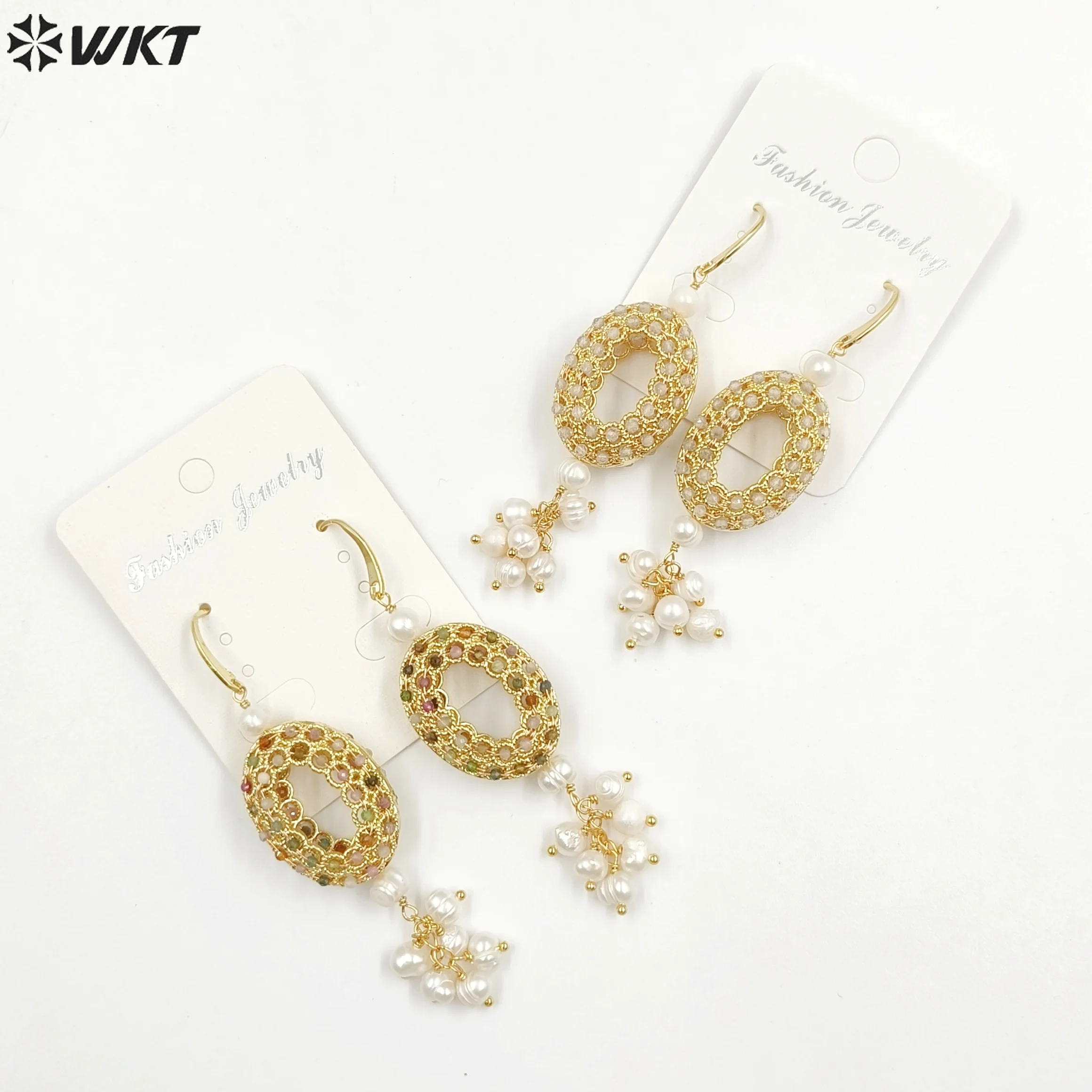 WT-MPE108 WKT New Design 18K Real Gold Plated Long Dangle Fashion Oval Shape Ring With Wire wrapped Stone Beads Charm Earrings