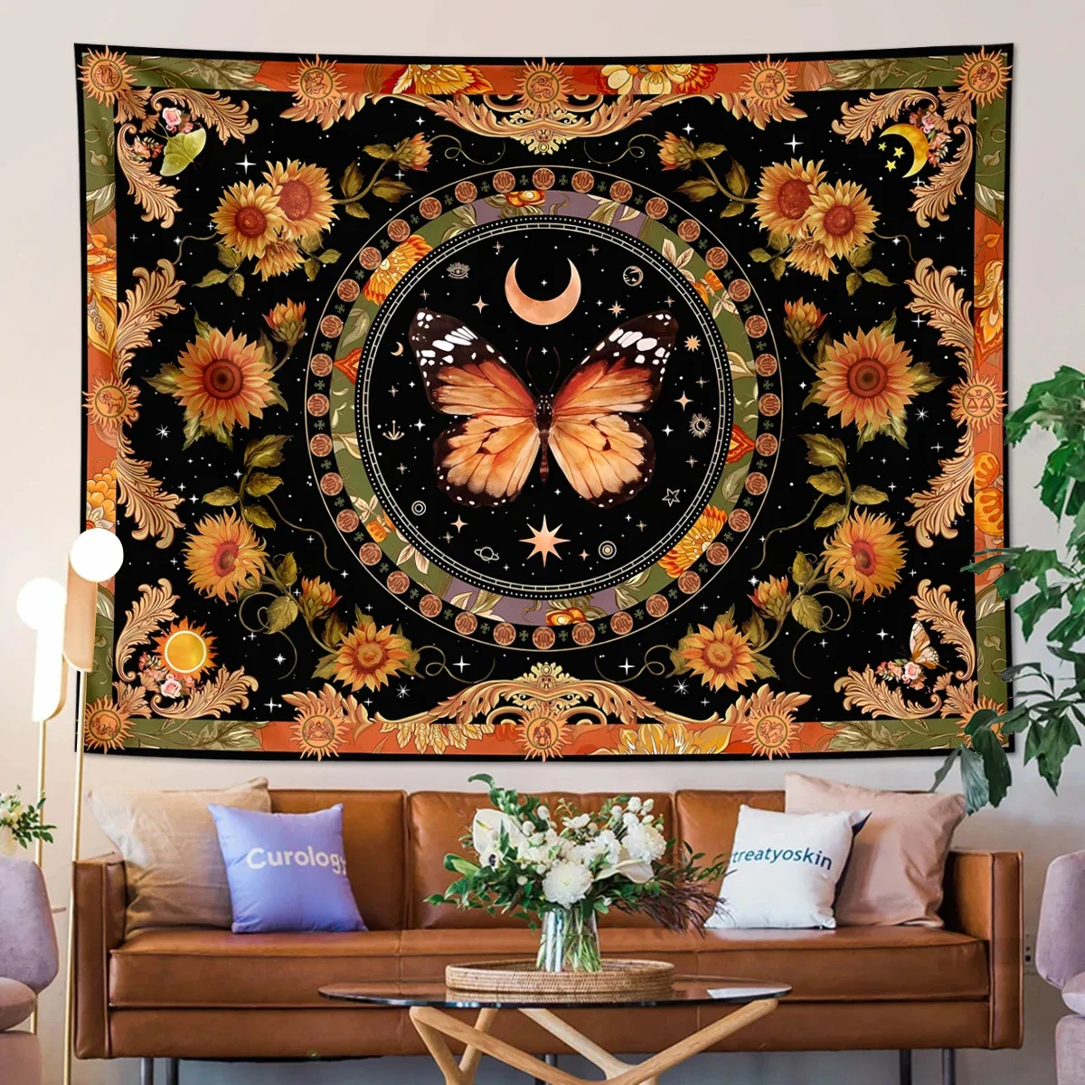 Butterfly Tapestry Vintage Tapestry, Bohemian Floral Tapestry, Moon Phase Sun Fantasy Sunflower Butterfly Moth Tapestry