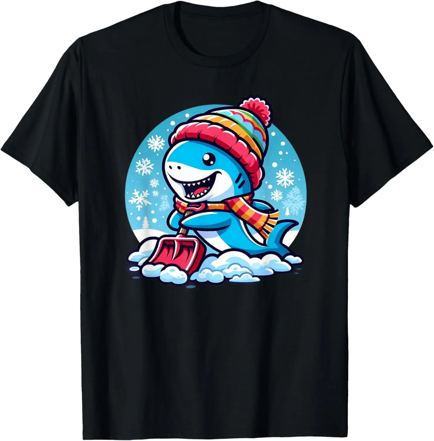 Shark Snow Shoveling Winter Fun Graphic Tee Cotton Short Sleeve Casual Trip T-Shirt