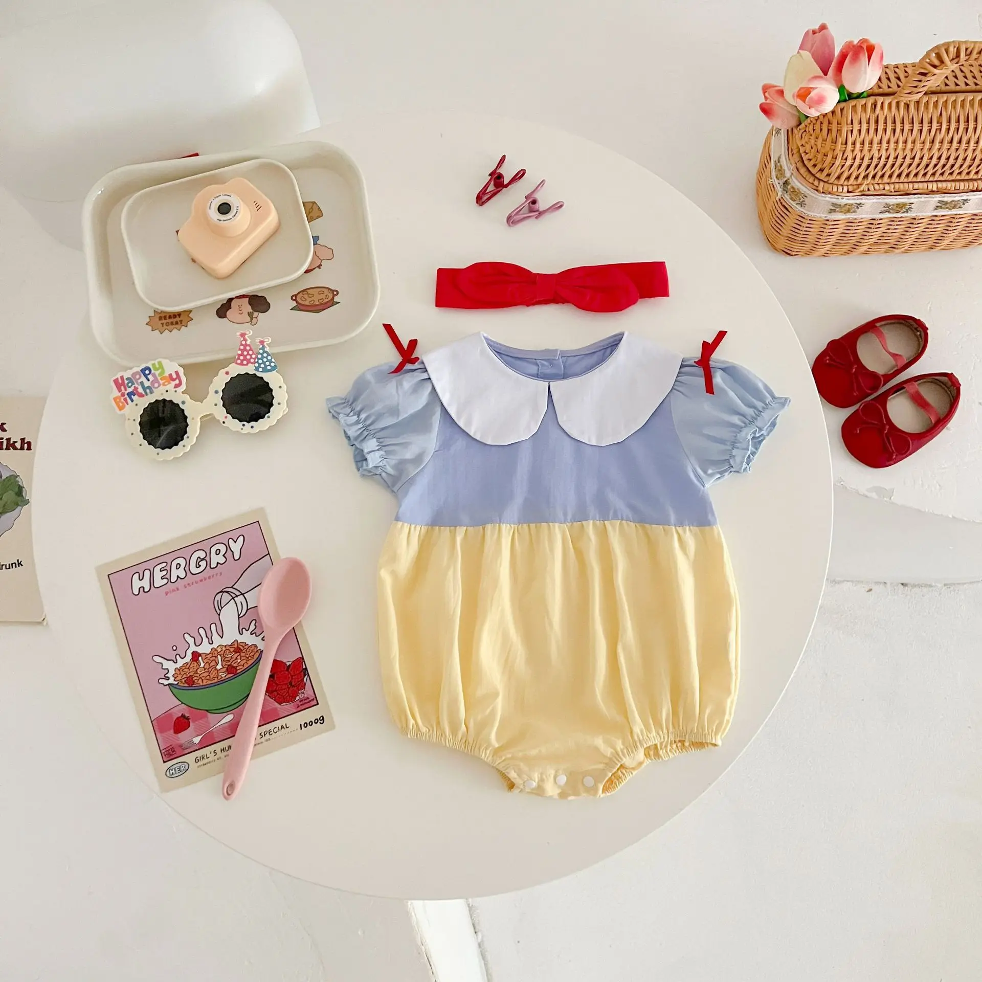 Baby Toddler Girls Snow White Romper Costume Halloween Doll Collar Jumper with Red Headband