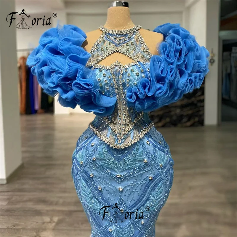 Gorgeous Crystal Ruffles Mermaid Celebrity Dress 3D Leaf Appliques Blue Formal Evening Dresses Lace Prom Gowns Custom Made 2024