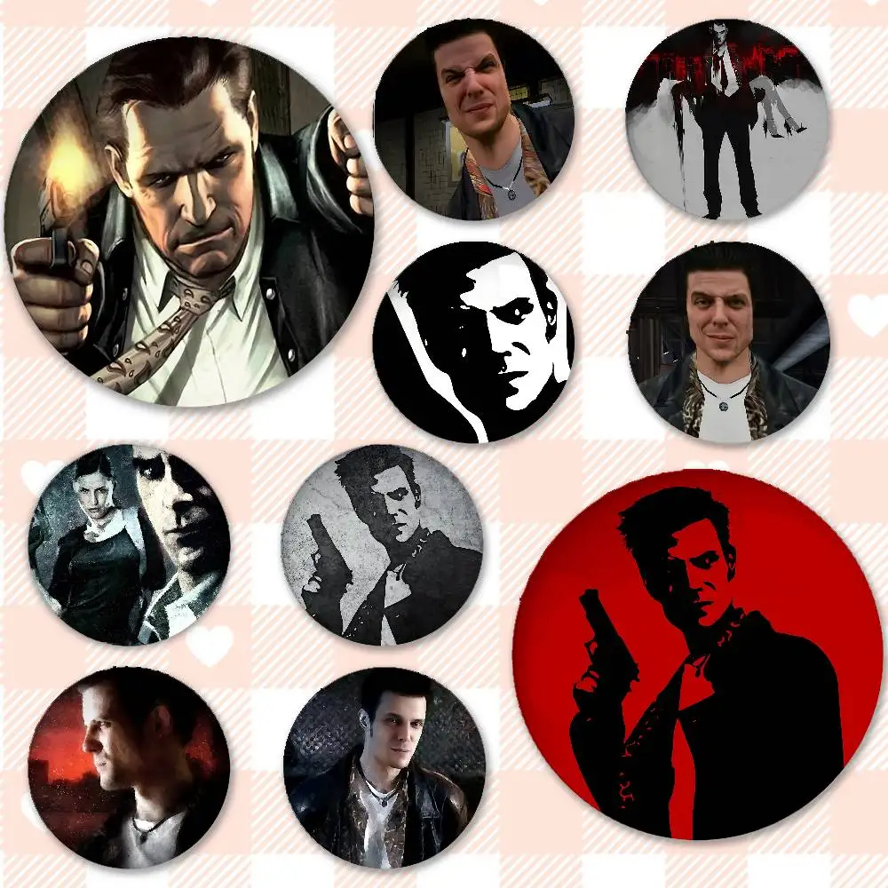 Game M-Max P-Payne Badges Peripheral Lapel Pins Tinplate Round Brooch For Shoulder Bag Accessories Souvenir Gifts