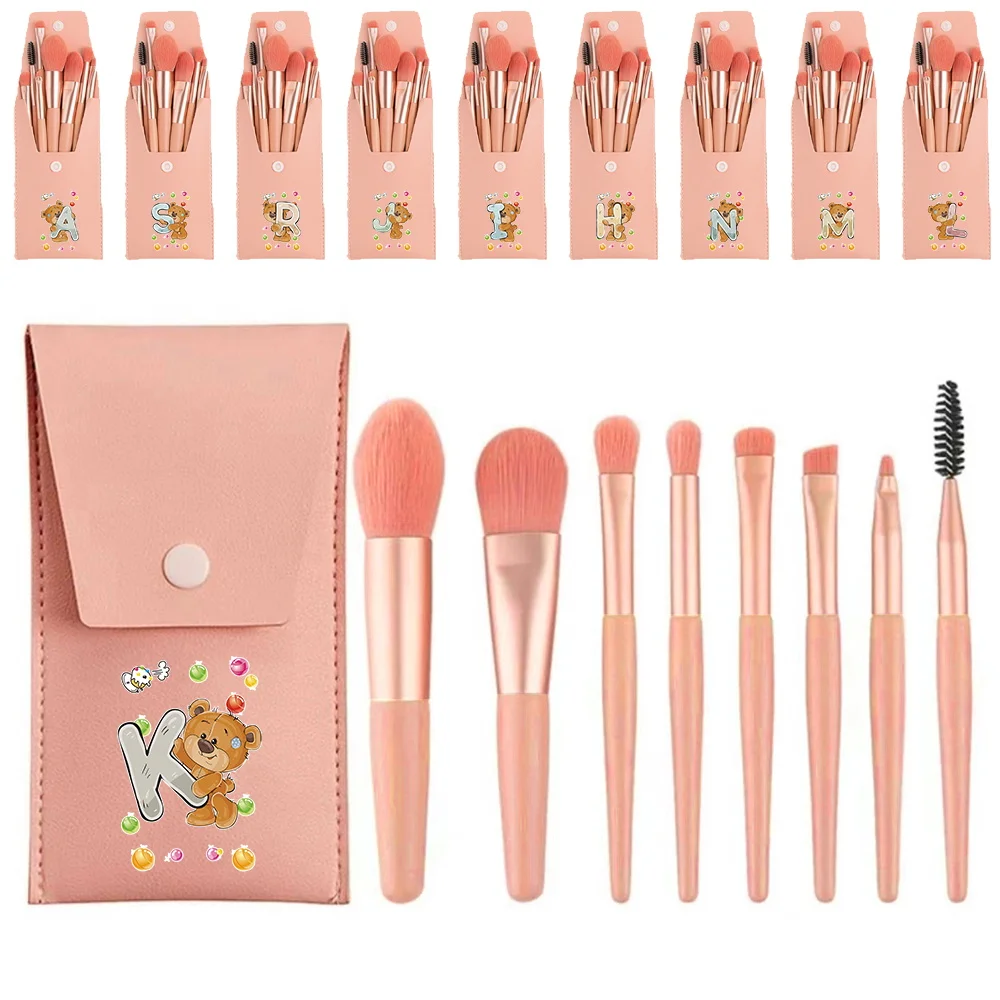 

8Pcs Makeup Brush Kit Cosmetic Organizer Pack Outdoor Makeup Bag Portable Tools Set Suitable for Beginners Bear Letter Pattern