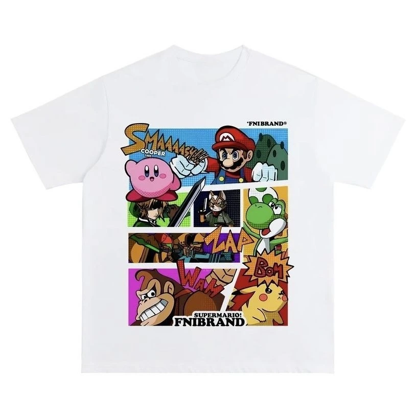 White Tee Men's Women's Nintendo Smash Bros Game Kirby Mario Retro Cool Graphic Art Print Oversized Short Sleeve Streetwear Top