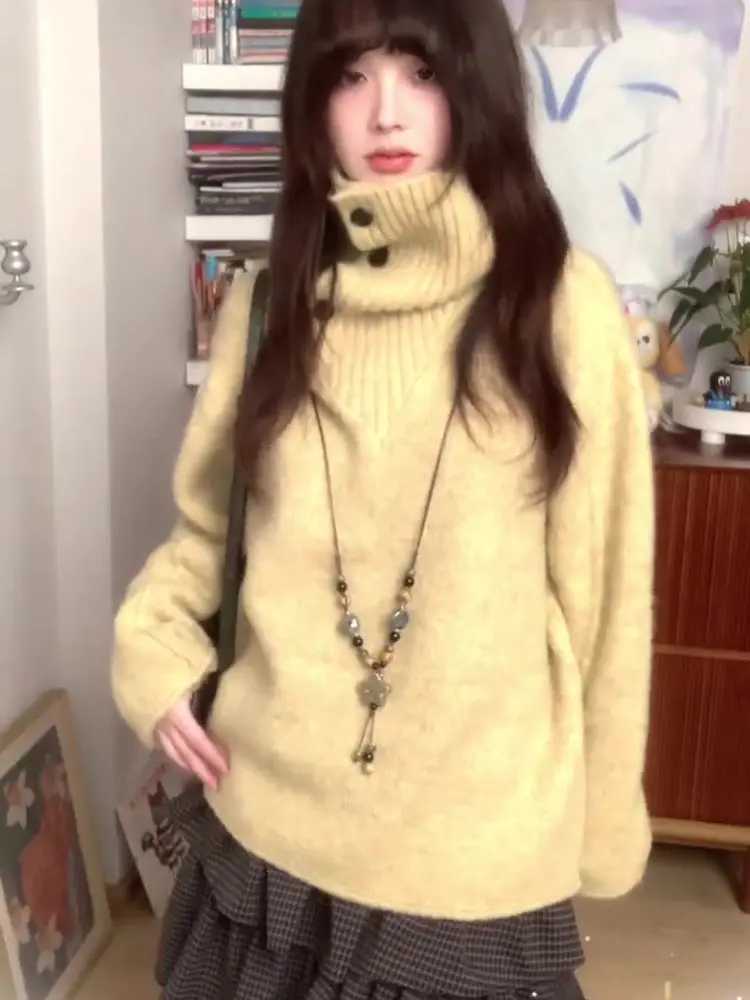 Autumn Winter Thiened Yellow High Collar Sweater Women's Loose Knitted Top Outerwear Inner Match 2025 Trendy Lazy Sle