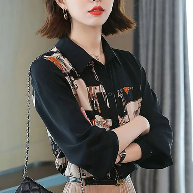 Vintage Fashion Printed Harajuku Street Loose Blouse Top Women Spring Autumn Casual Turn Down Collar Long Sleeve Button Up Shirt