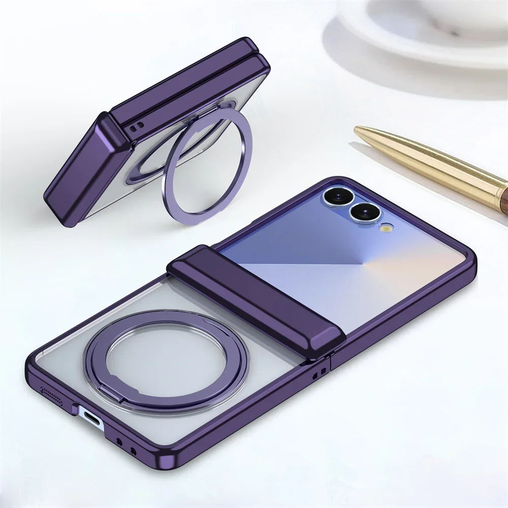 

Plating Transparent Magnetic Cover For Samsung Galaxy Z Flip 7 fe 6 5 5G Flip7 Phone Case with Ring Holder Hinge Protection