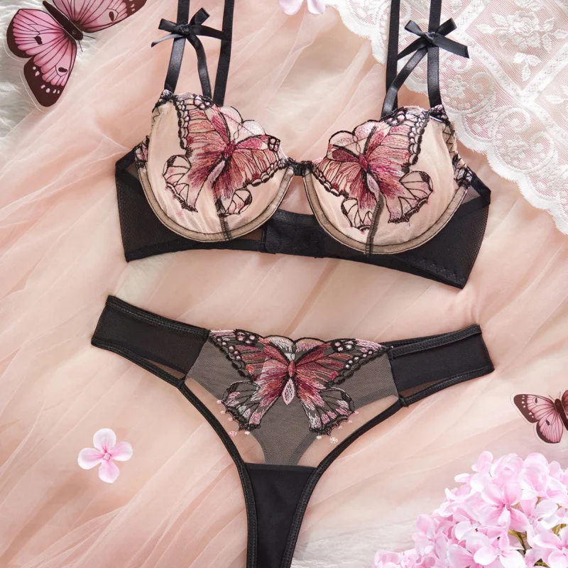 Bikini lingerie with mesh butterfly embroidery, underwire, sexy and pure, see-through, ultra-thin two-piece set