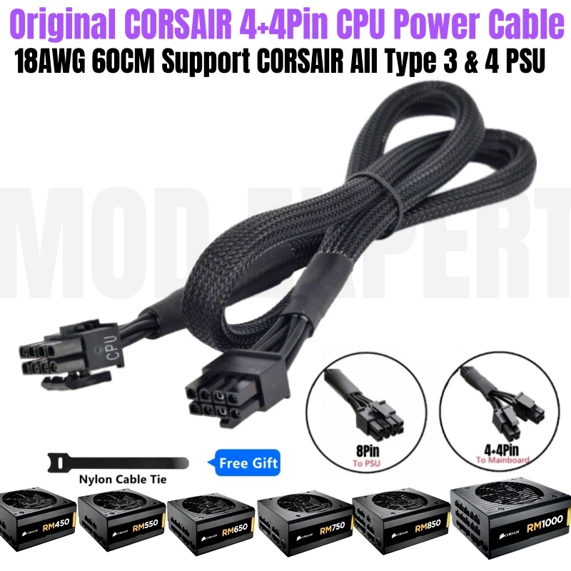 Original CORSAIR RM450 RM550 RM650 RM750 RM850 RM1000 GOLD Modular PSU 8Pin to 4+4Pin EPS12V CPU Power Cable Sleeved 18AWG 65CM