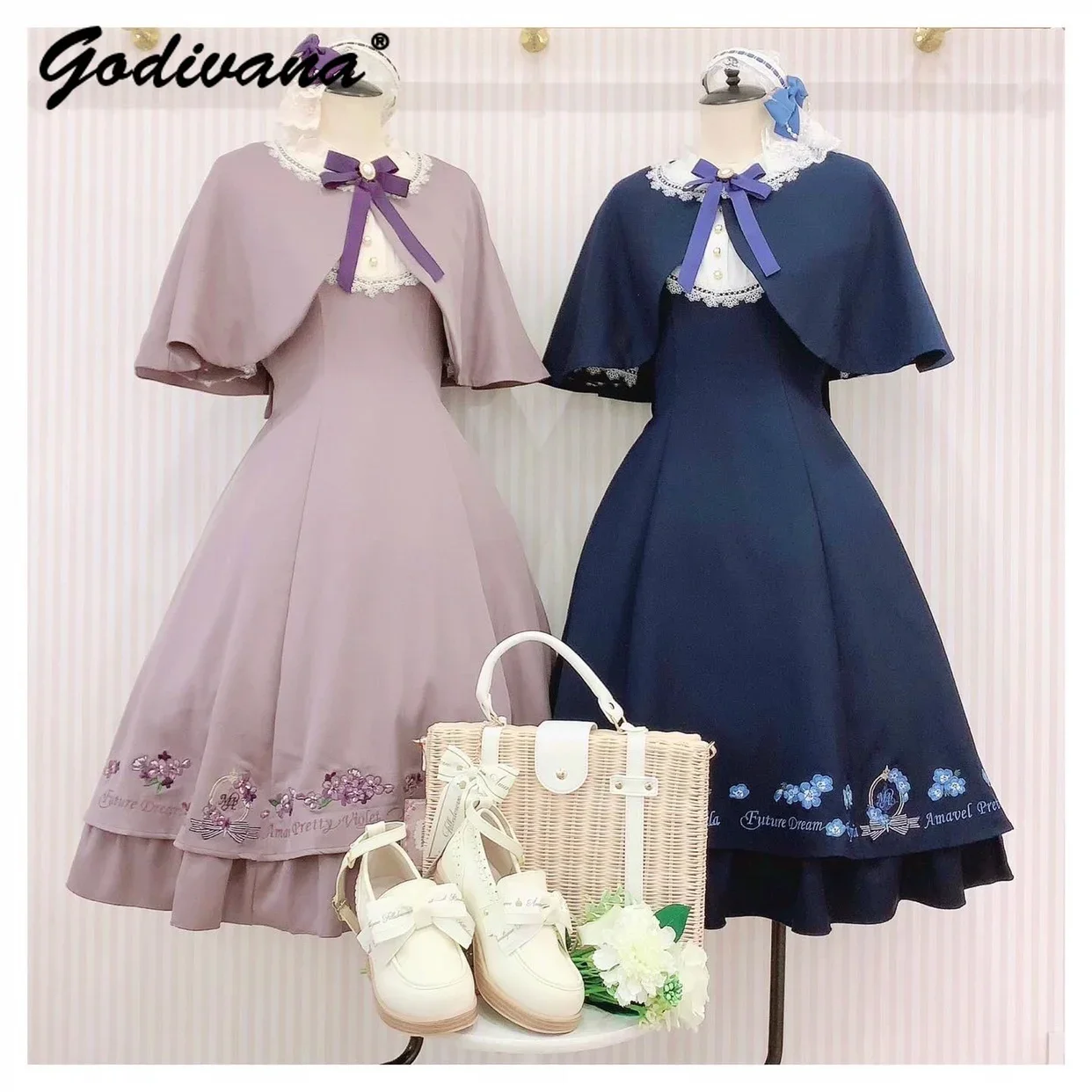 

Flower Embroidery Two-Piece Set with Cloak Dress 2024 New Spring Summer Women's Retro Elegant OP Cape Dresses