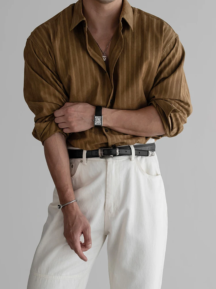Stylish Textured Mens Striped Shirts Vintage Turn-down Collar Button-up Cardigan Tops Spring Autumn Men Casual Long Sleeve Shirt