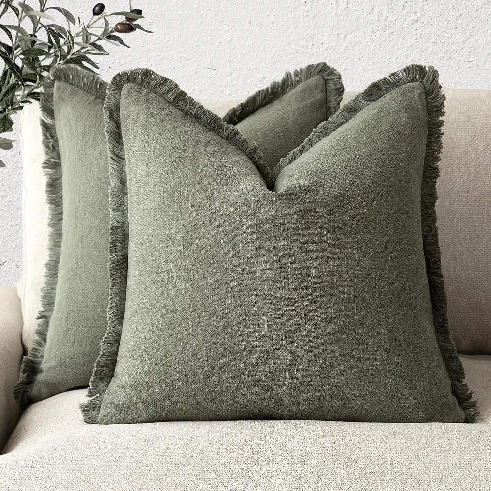 

Set Of 2 Decorative Linen Fringe Throw Pillow Covers Cozy Boho Farmhouse Cushion Cover With Tassels Soft Accent Pillowcase For