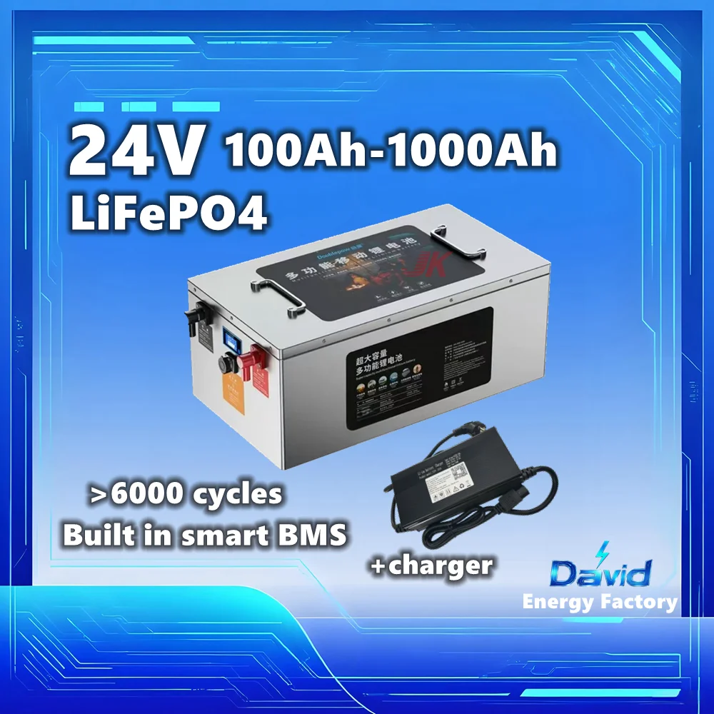 Lifepo4 Battery 24V 300Ah 200Ah 100Ah 400Ah 500Ah 600Ah 800Ah 1000Ah with smart BMS 6000+ Cycles Grade A Cells for RV Outdoor