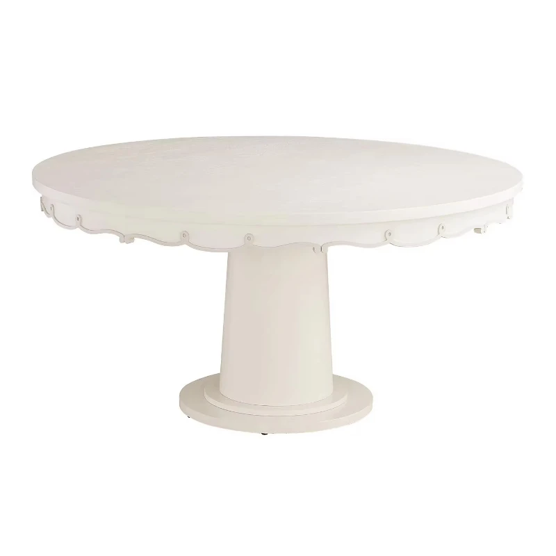 Pure white wavy skirt-edge round wooden dining table, durable and handmade