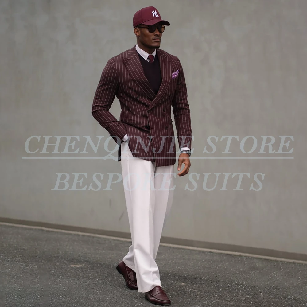 

Elegant Men's Suits 2026 Stripe Back Vent Double Breasted Blazer High Quality Business 2 Piece Jacket Pants Male Clothing