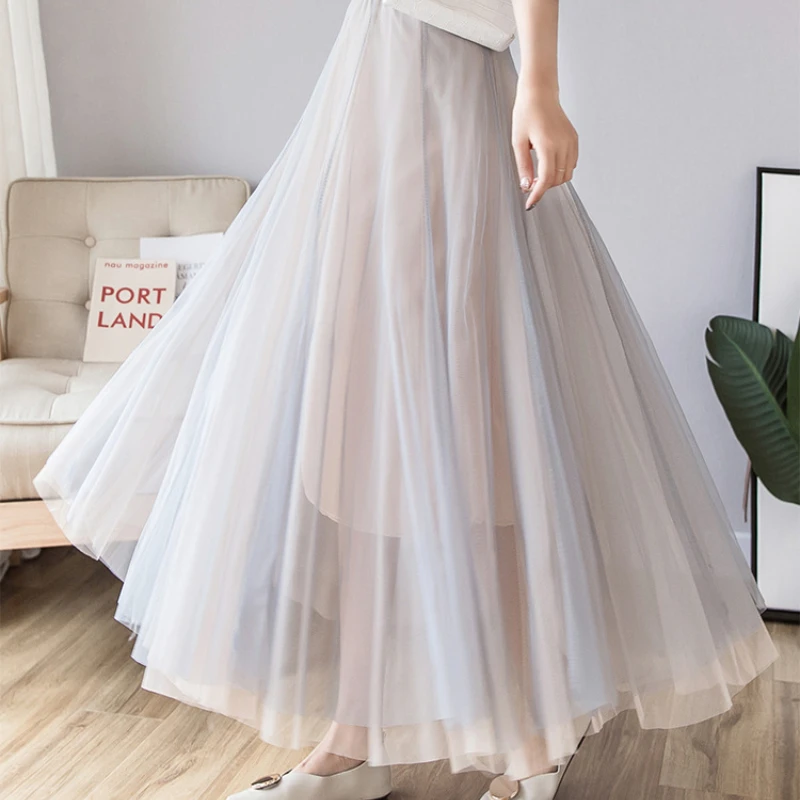 Vintage High Waist Maxi Tulle Skirt for Women Pleated Mesh Skirt Spring Autumn Long Jupe Style Summer Fashion Female Clothing