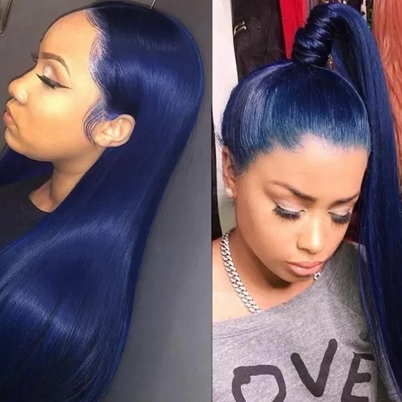 

Blue Color 13x6 Lace Frontal Wigs PrePlucked Hairline Colored Dark Blue 5x5 Brazilian Remy Straight Human Hair Wigs for Women