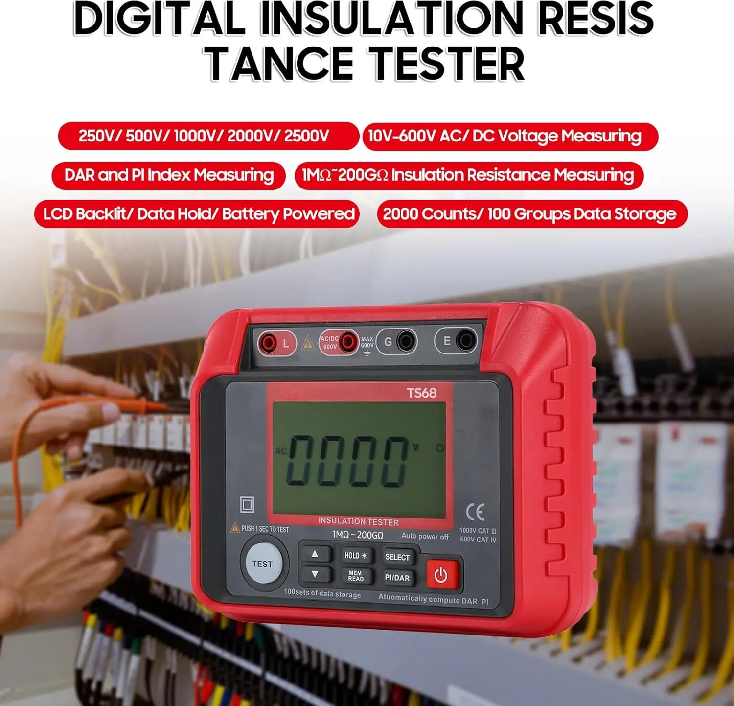 

TS68 Digital Insulation Resistance Tester 1MΩ-200GΩ Megohmmeter 2000 Counts DAR PI Index Insulated Resistance Meter Kit