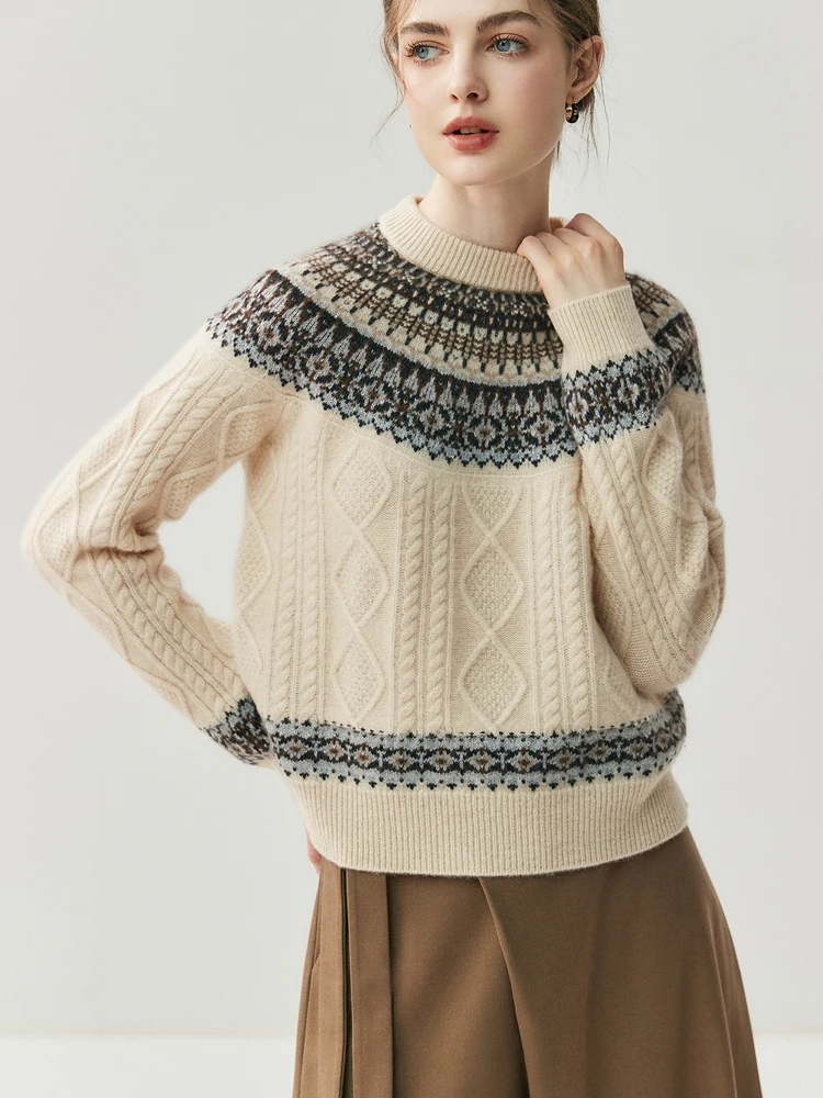 Women Pullover Sweaters 100% Cashmere Knitted Autumn Winter O-neck Loose Fair Isle Lazy Style Twist Flower Tops Light Luxury