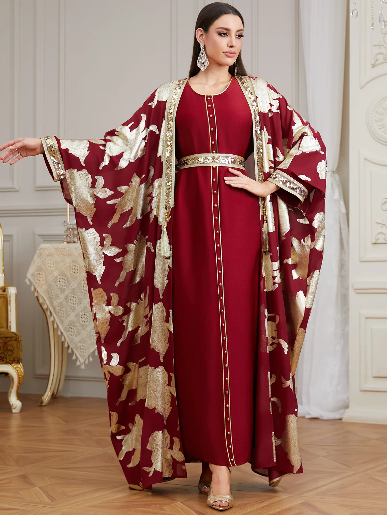 

Dubai Print Open Kimono Jalabiya Inner Dress Women Muslim Set Abaya Turkey Kaftan Femme Musulmane Vestidos Islam Clothing Gown
