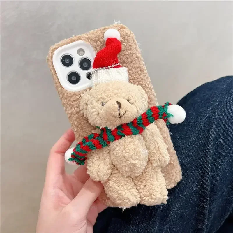 Soft Plush Phone Case For iPhone16 11 12 13 14 Pro XR X Xs Max mini 7 8 6 6s Plus MAX 5 5S SE  cartoon Christmas Bear Back Cover