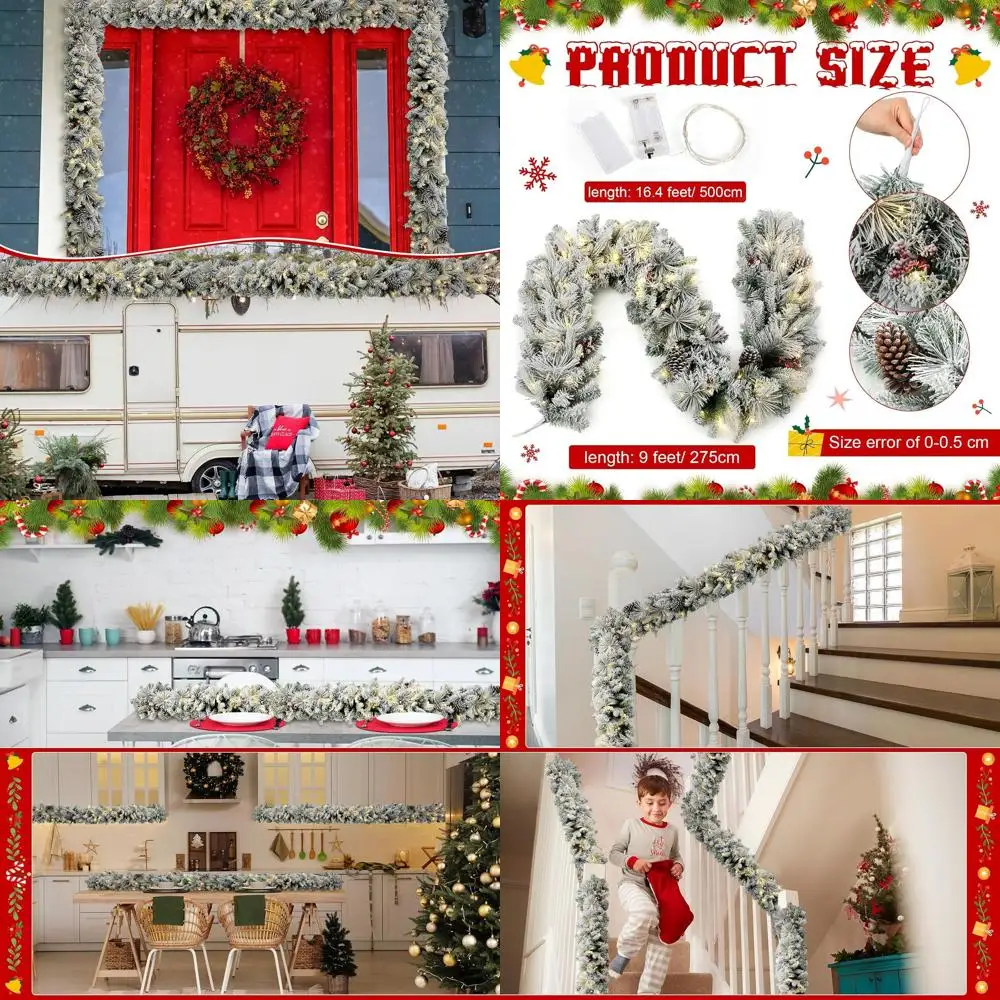 

Battery-Powered Snowy Spruce Christmas Garland, 9 Feet, Flocked Pine with Lights for Staircase, Fireplace, and Mantel Decor
