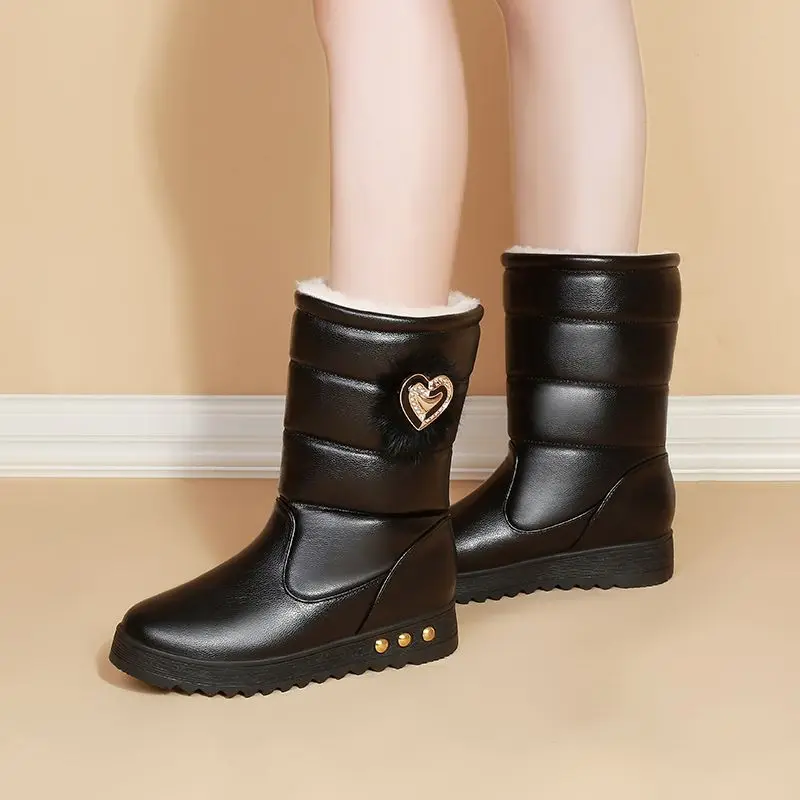 Waterproof Leather Round Toe Chunky Snow Boots for Women Winter 2025 Novelty Designer Luxury Mid Calf Woman Shoes on Promotion