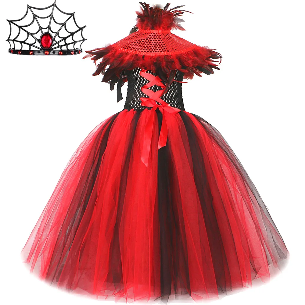 Kids Vampire Gothic Dark Style Feather Long Tutu Dress Halloween Carnival Masquerade Party Fancy Dress Up Stage Performance Wear