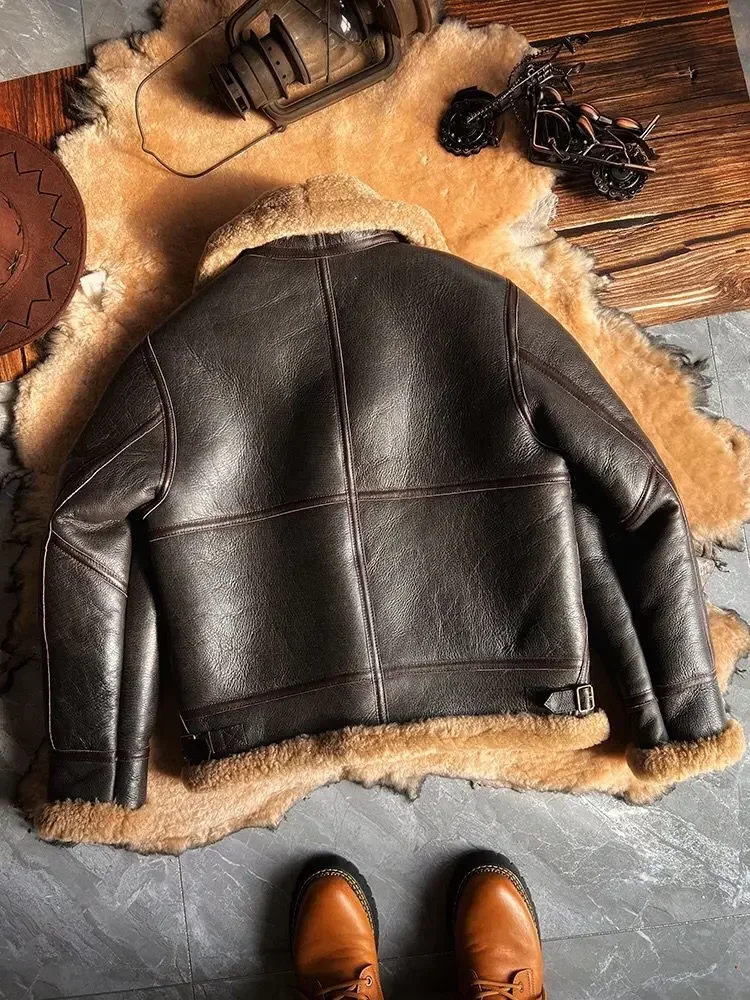 New Fashion 2024 Men\'s Winter Coat Genuine Leather Natural Sheepskin Shearling Jacket Thick Wool Liner Brown Plus Size XXXXXXL