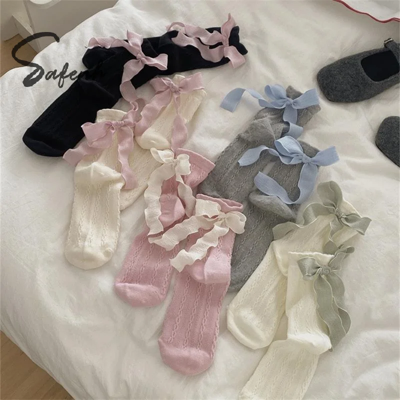 

Sweet Women's Heel Ribbon Bow Mid-tube Socks Fashion Versatile Socks Breathable Sweat-absorbent Soft Comfortable Socks Girl Gift