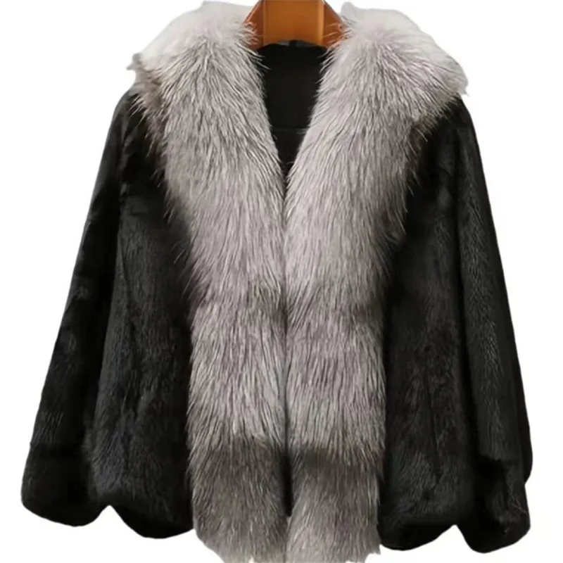 Faux Nerz Pelz Mäntel für Frauen, Fox Pelz Kragen Jacke, Weibliche lose dicke warme Kleidung, Batwing Sleeve, Hohe Qualität, Winter